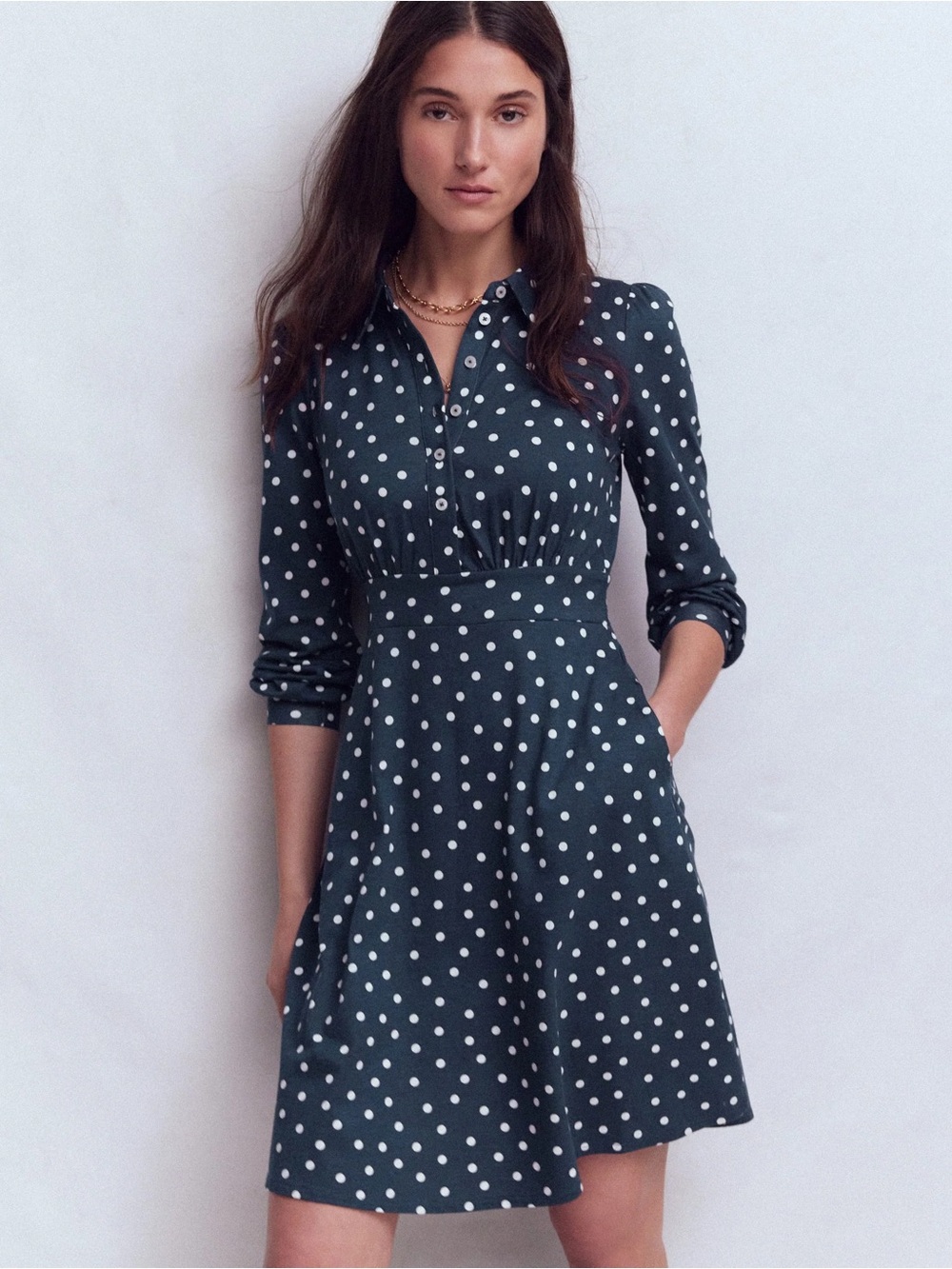 Boden Sz 6 Navy Jersey Polka Dots Casual Feminine Dress